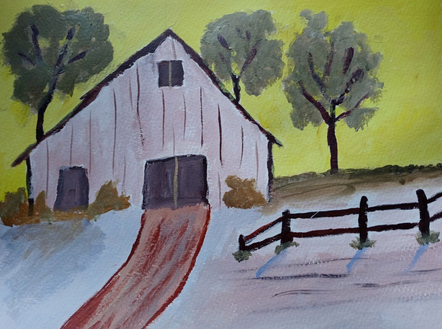 Yellow Sky Barn trees light colored barn Impression Original Acrylic 11x14