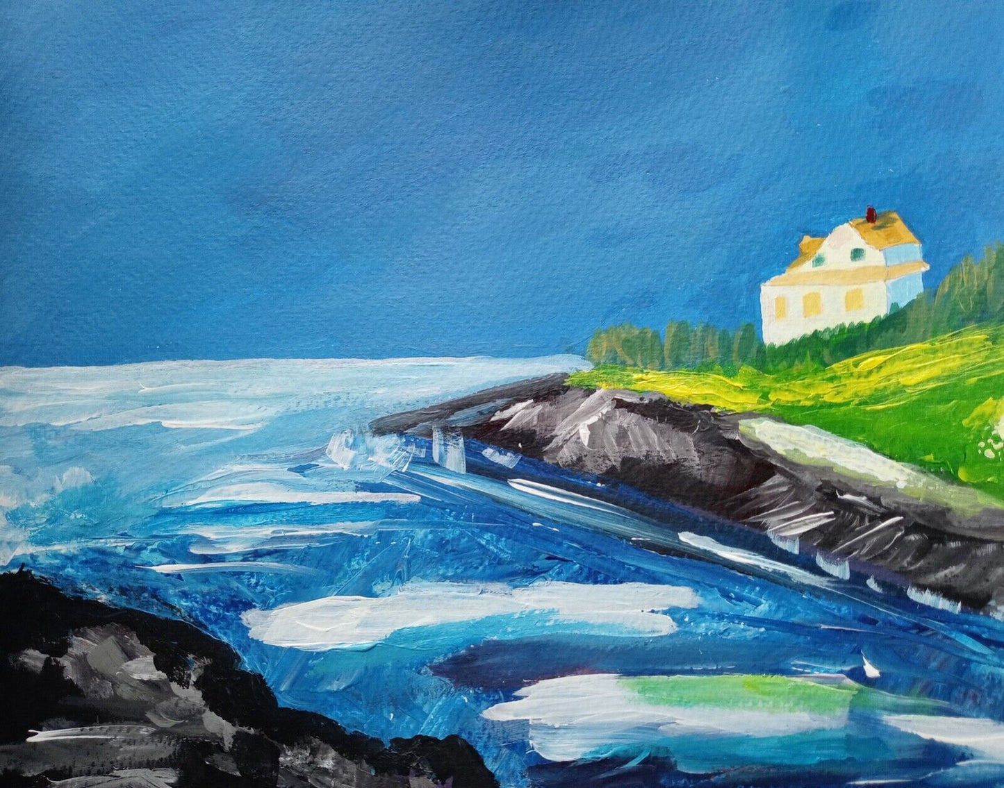 Cliff house ocean rocky shore deep sea and sky blues 11x14 acrylic canvas