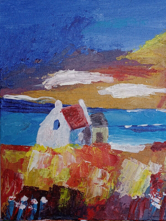 Seaside cottage, flowers, moody sky,  Abstract Acrylic 8x10 original painting