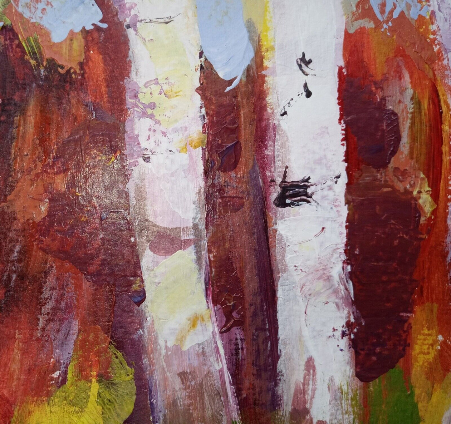 Birch trees in forest, bright colors, acrylic, 11x14 on canvas paper