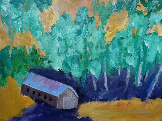 Colorful forest surrounds lone barn   11x14 acrylic on canvas, original