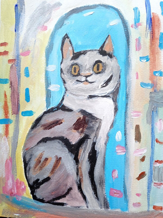 Colorful Kitty cat, smiling for U acrylic painting, impressionist 12x9, original