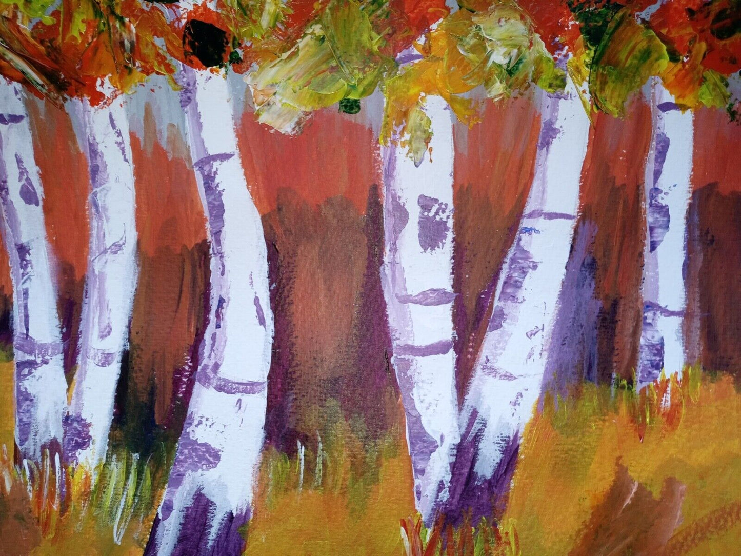 Birch trees in forest2, bright colors, abstract acrylic, 11x14 on canvas paper