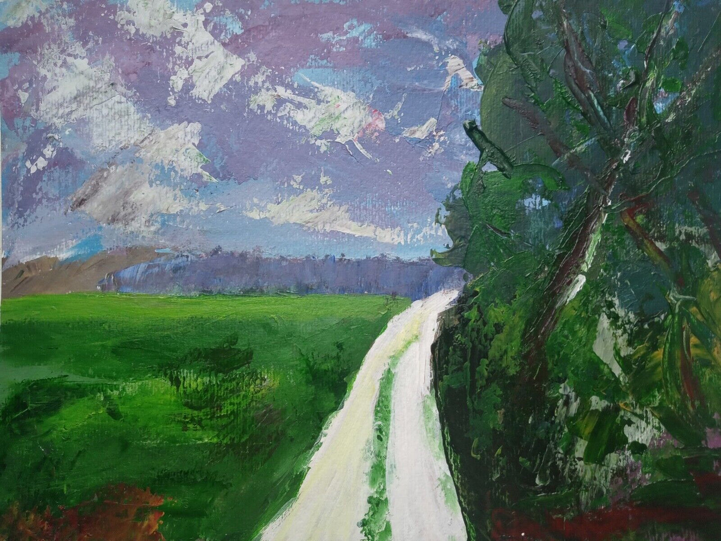 Road thru field, beautiful sky, trees set back, 9x12 acrylic canvas art paper