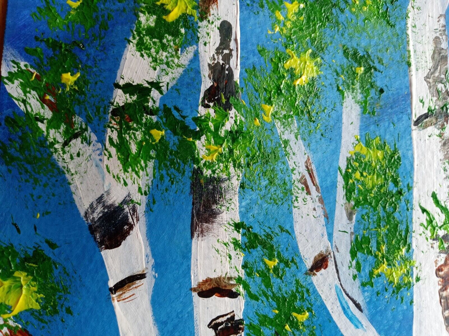 Birch trees in forest blue background abstract acrylic, 11x14 original painting