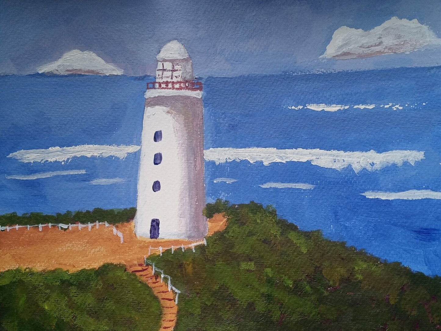 Lighthouse, buildings, colorful 11x14 acrylic painting on canvas, original work