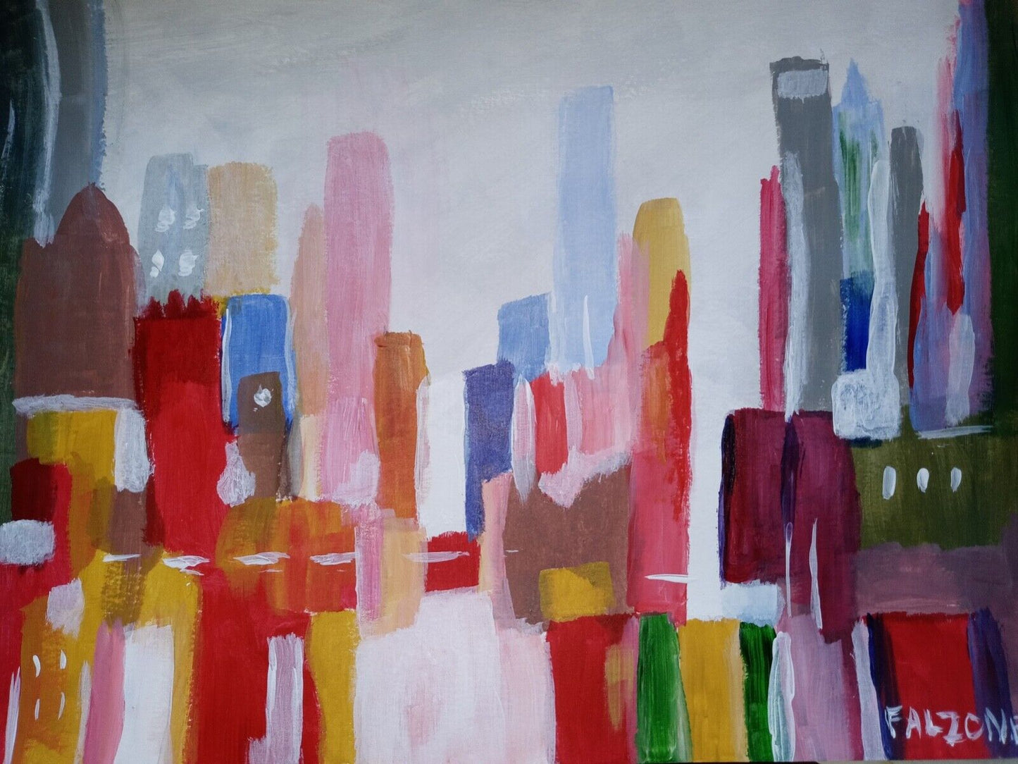 Red City, abstract cityscape, colorful red vib 11x14 acrylic on canvas, original