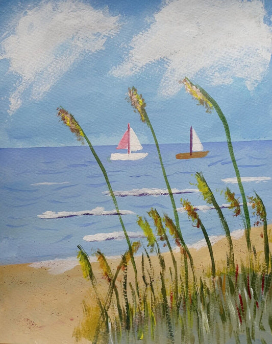 Ocean reeds, dune grass, sailboats, beach, tall grasses, cloudy sky, 11x14 acryl