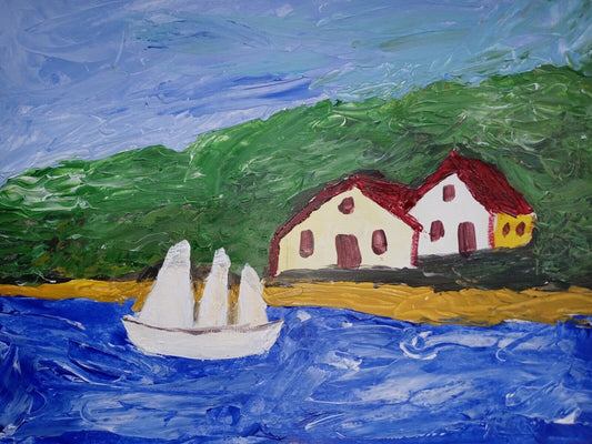 Seaside home and sailboat, acrylic paint on art canvas, pallet knife 12 x 9"