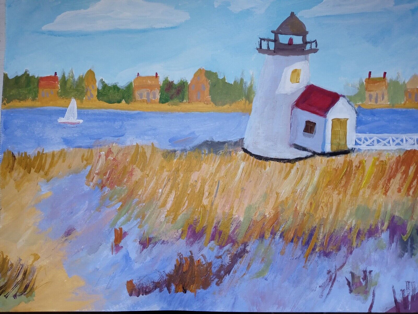 Lighthouse, ocean, Cape Cod, colorful 11x14 acrylic on canvas paper, original