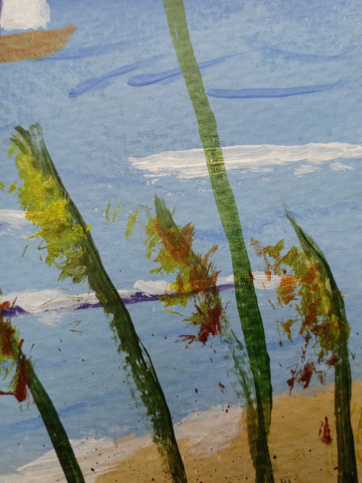 Ocean reeds, dune grass, sailboats, beach, tall grasses, cloudy sky, 11x14 acryl