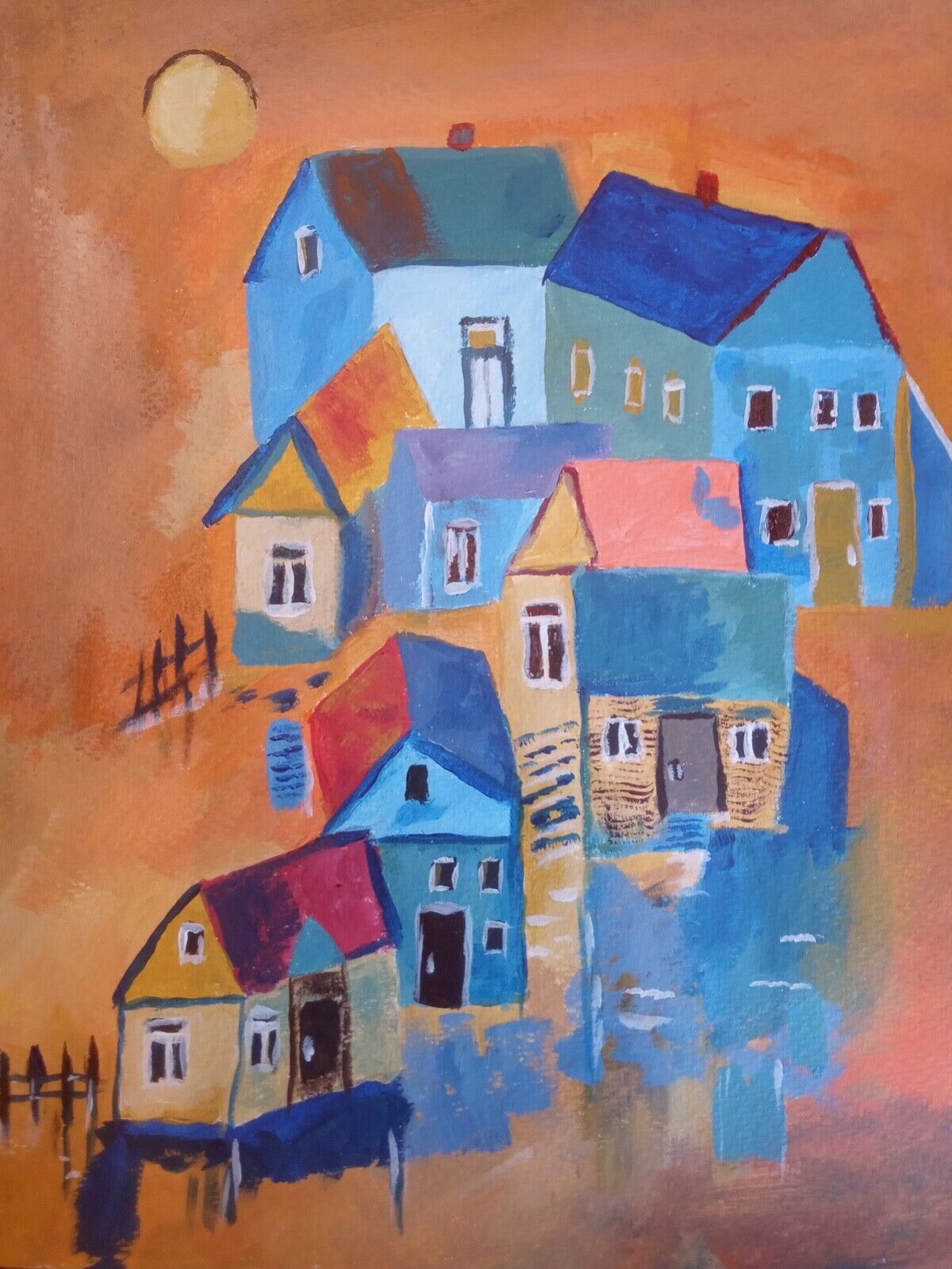 Rusty Village colorful buildings Figurative Landscape impressionis 11x14 acrylic