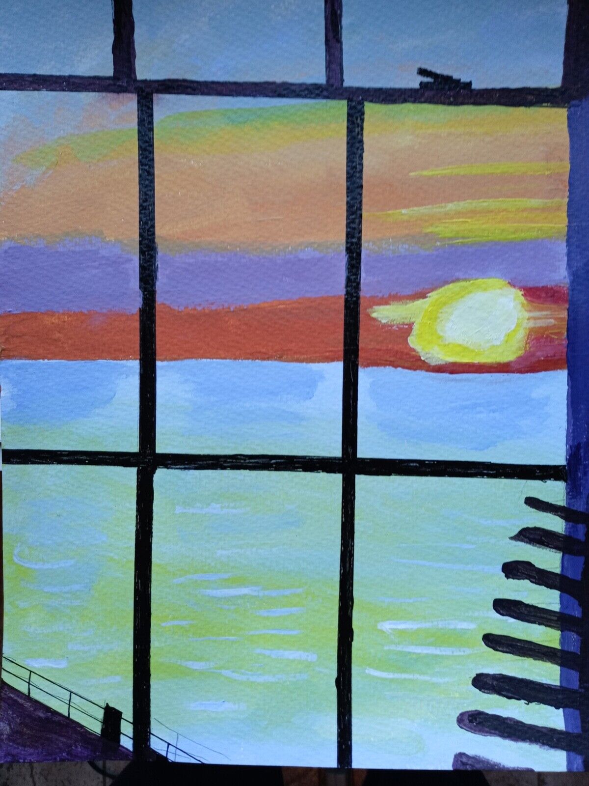 Sunrise over Hampton, NH Ocean thru window 14x11 acrylic on canvas, original