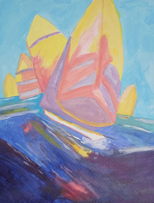 Sailboat colorful 5 spinnaker boats racing ocean acrylic 11x14, on Art canvas