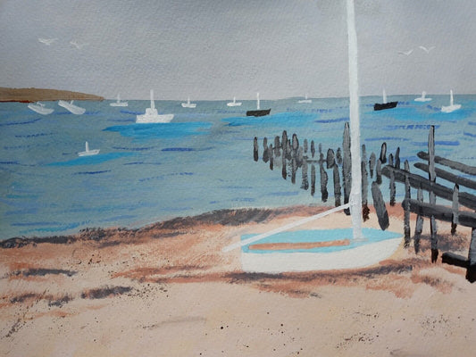 Provincetown dock poles, harbor sail boat old beaten dock acrylic 11x14 original