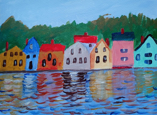 colorful seaside village, home reflections in water9x12 acrylic canvas, original