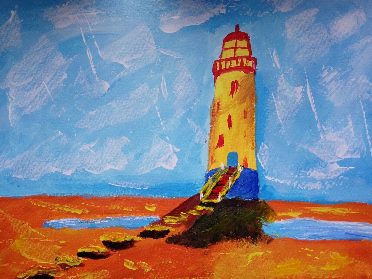 Yellow Lighthouse, Cape Cod, impressionistic 14x11 acrylic painting, original