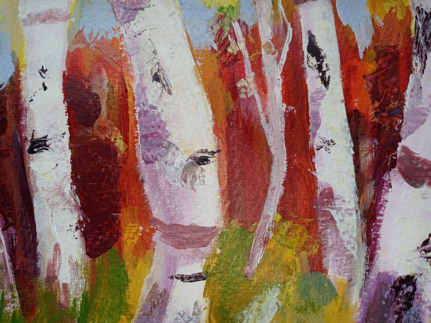 Birch trees in forest, bright colors, acrylic, 11x14 on canvas paper