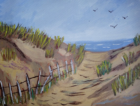 Seascape dune grass beach acrylic painting, impressionist 11x14, canvas paper