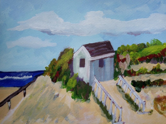 Beach Hut On Ocean Sand Dunes, 11x14 acrylic painting on canvas, original