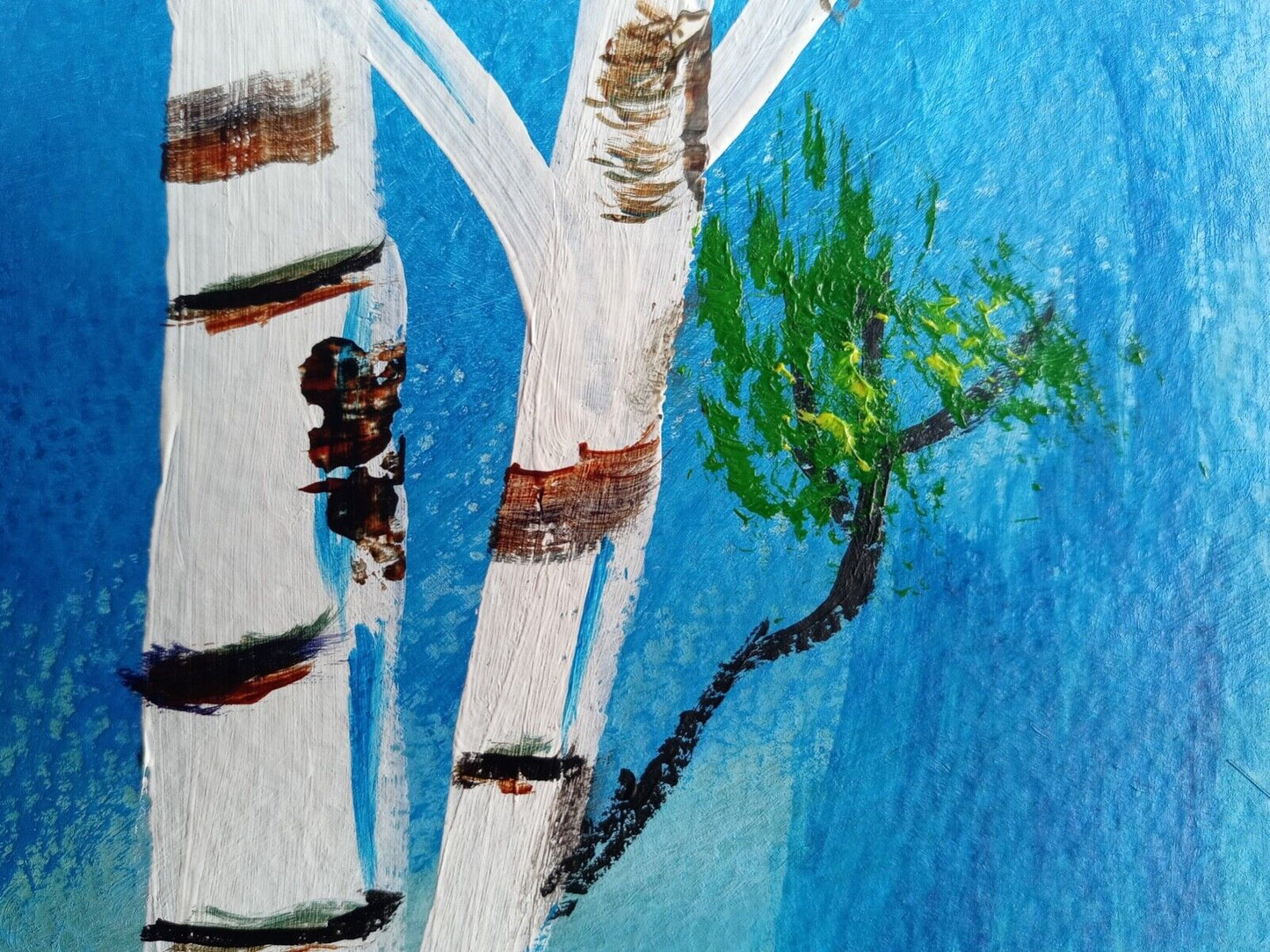 Birch trees in forest blue background abstract acrylic, 11x14 original painting