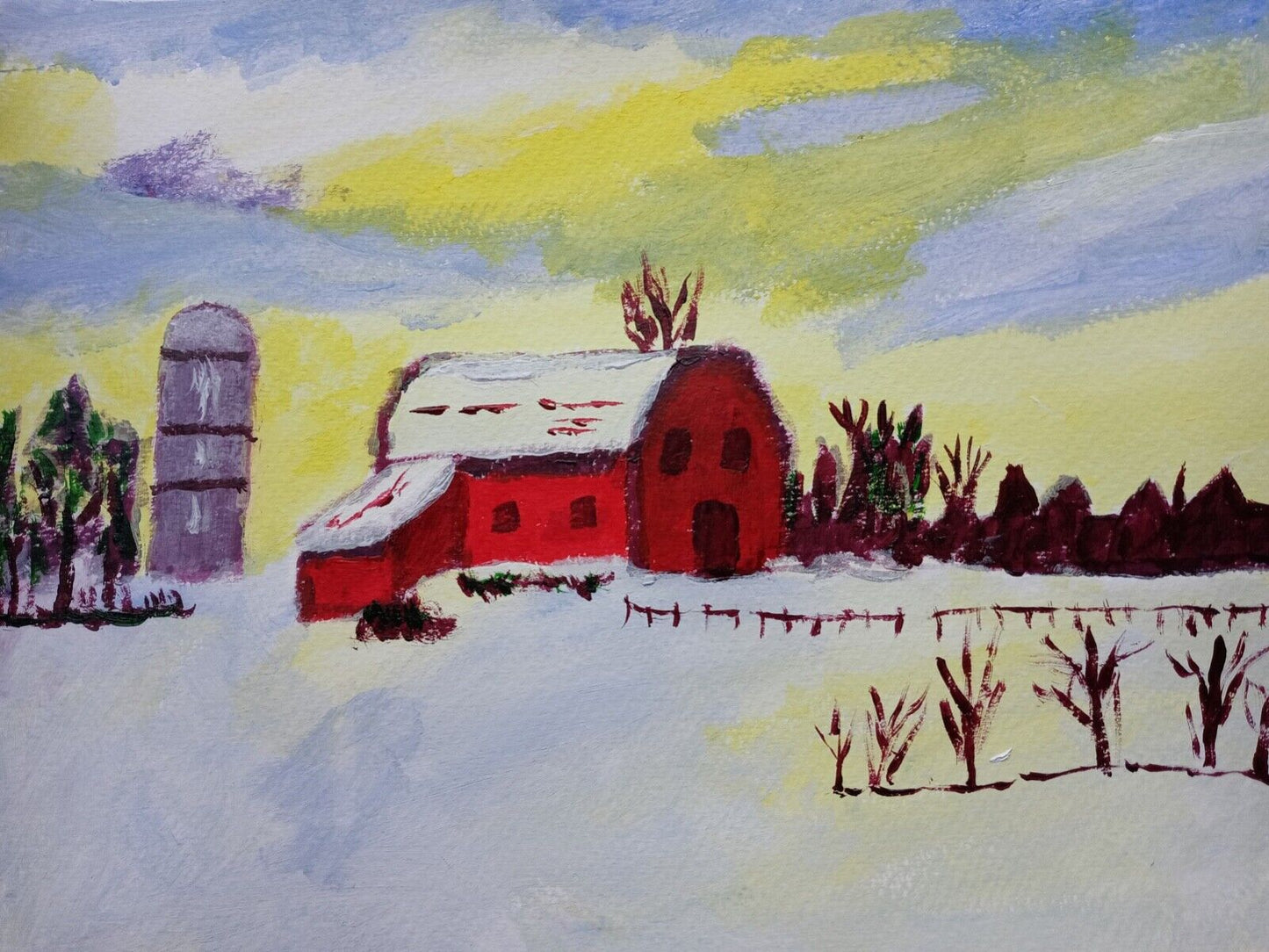 Red barn on snowy farm with colorful sun Impressionist Acrylic Original Painting