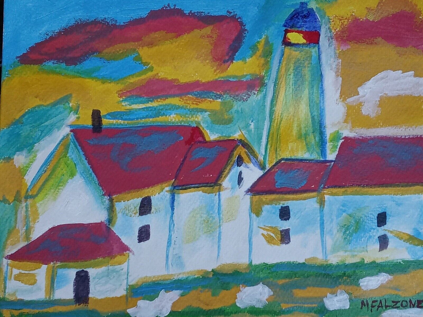 Lighthouse, buildings, colorful 11x14 acrylic painting on canvas, original work