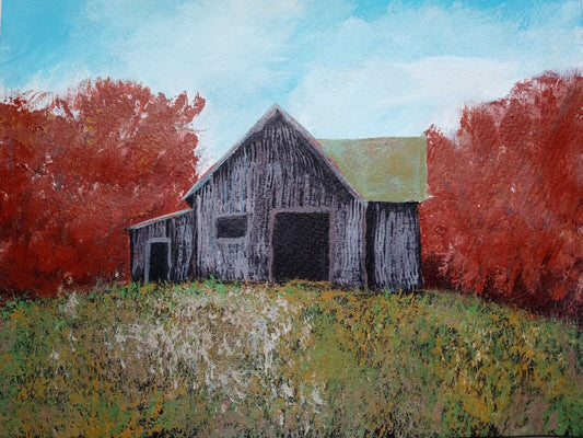 Fall barn trees colorful trees tall grasses  Impression Original Acrylic 11x14