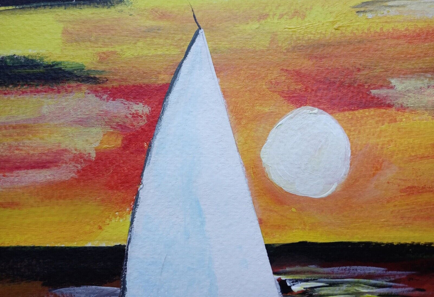 Sailboat at Sunset on Cape Cod, chunky paint, glowing ocean, 11x14 acrylic canva