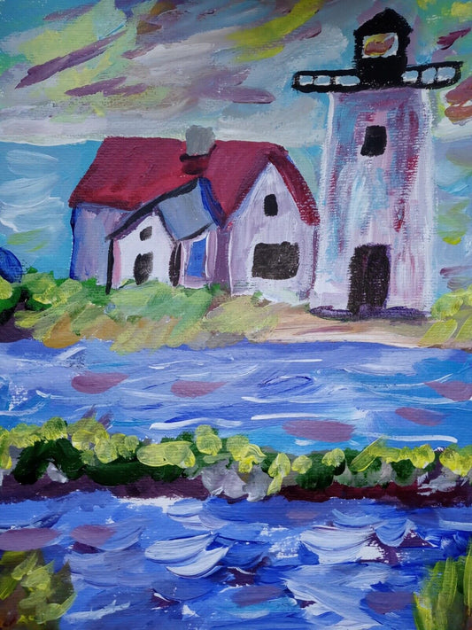 lighthouse keepers home Ocean beach acrylic, 9 x 12 painting on canvas paper