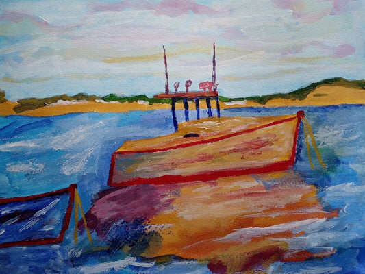 Colorful fishing boat, 11x14 acrylic painting on canvas art paper, original