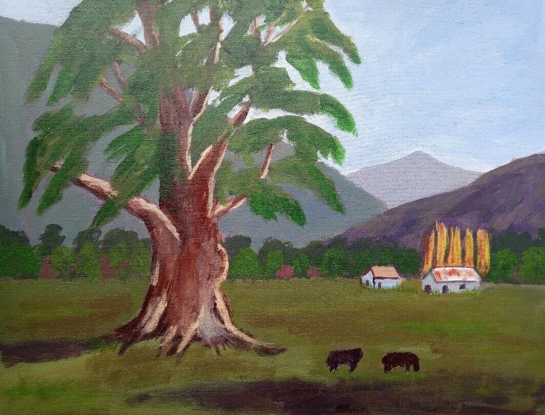 Colorful Gum Tree, farm, distant mountains, acrylic, 16x20 painting stretch canv