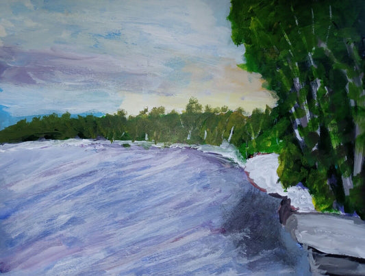 Forest surrounding Lake,  acrylic painting, impressionist 11x14, canvas paper