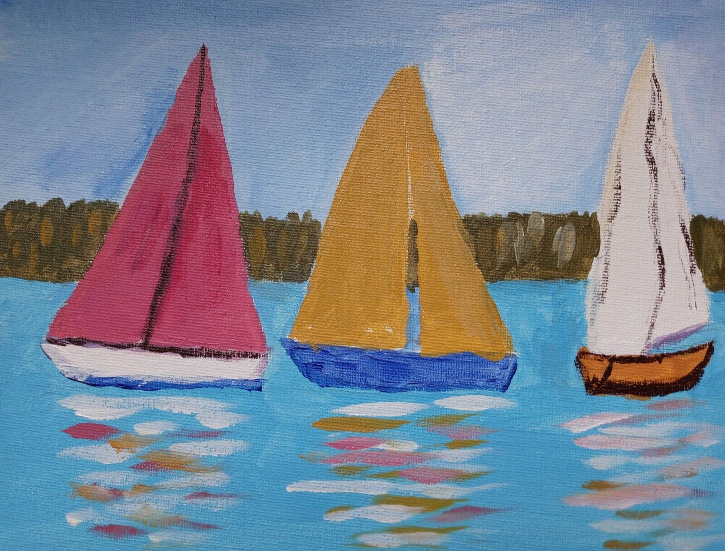 Three colorful sailboats, shimmering Seascape with sail colors reflecting on the water