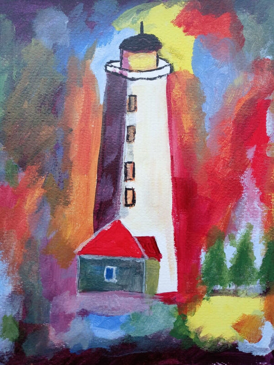 lighthouse on a colorful background, acrylic, 9x12 painting on canvas paper